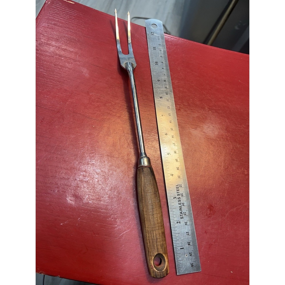 Vintage 12 3/4" A&J EKCO Meat Serving Fork w/ Wooden Handle Made In USA